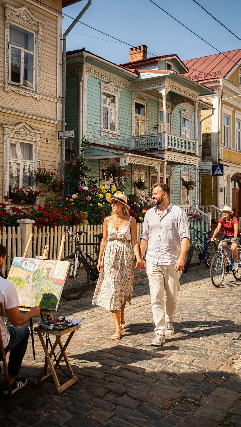 Vēsturiskā Cēsu pilsētas centrs ar bruģētām ielām, viduslaiku cietokšņa drupām un cilvēkiem pastaigā.